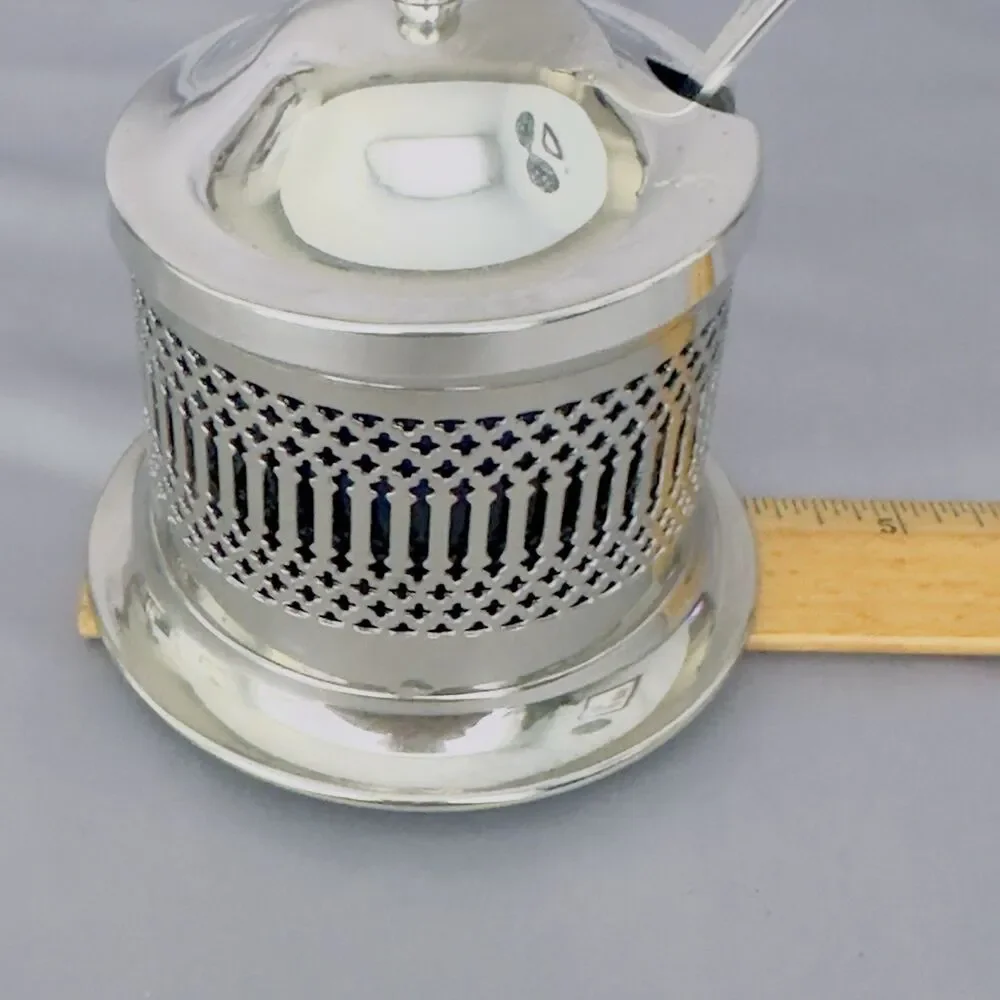 England Silver Plated Condiment Jar Lid Cobalt Blue Glass Insert & Spoon Reticul